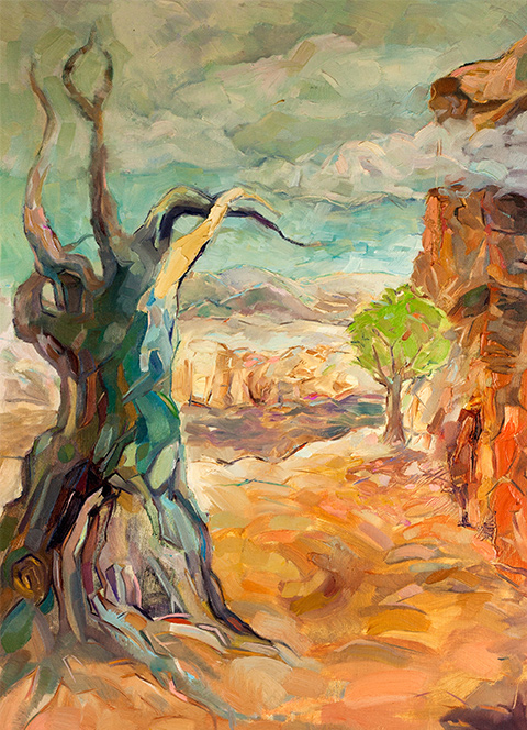 Paesaggio espressionista con albero contorto.