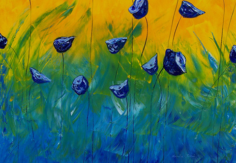 Paesaggio colorato con prato fiorito.