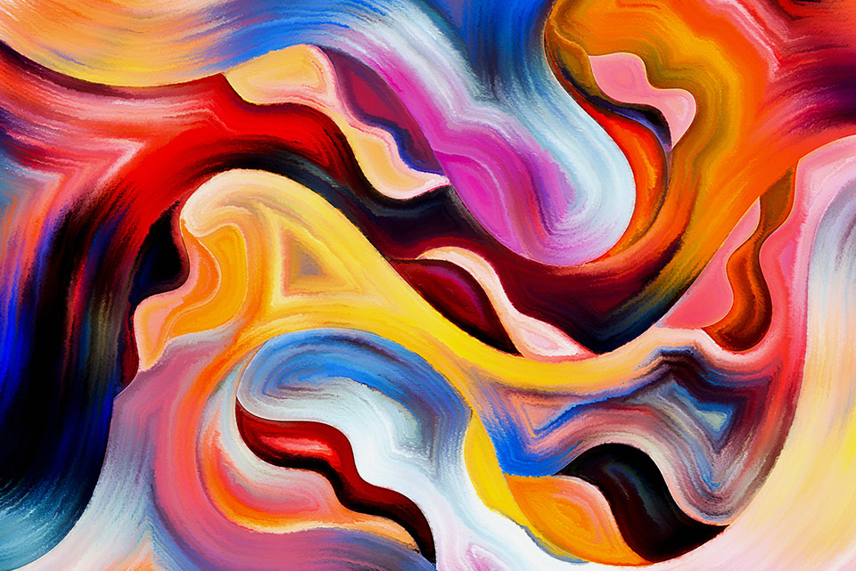 Dipinto astratto colorato con forme fluide.